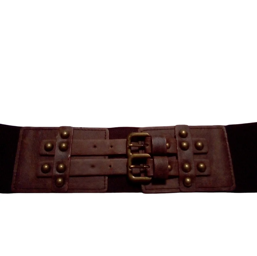 Belt Women Brown Boho Western Faux Leather Double Buckle Brass Studs Stretch M/L